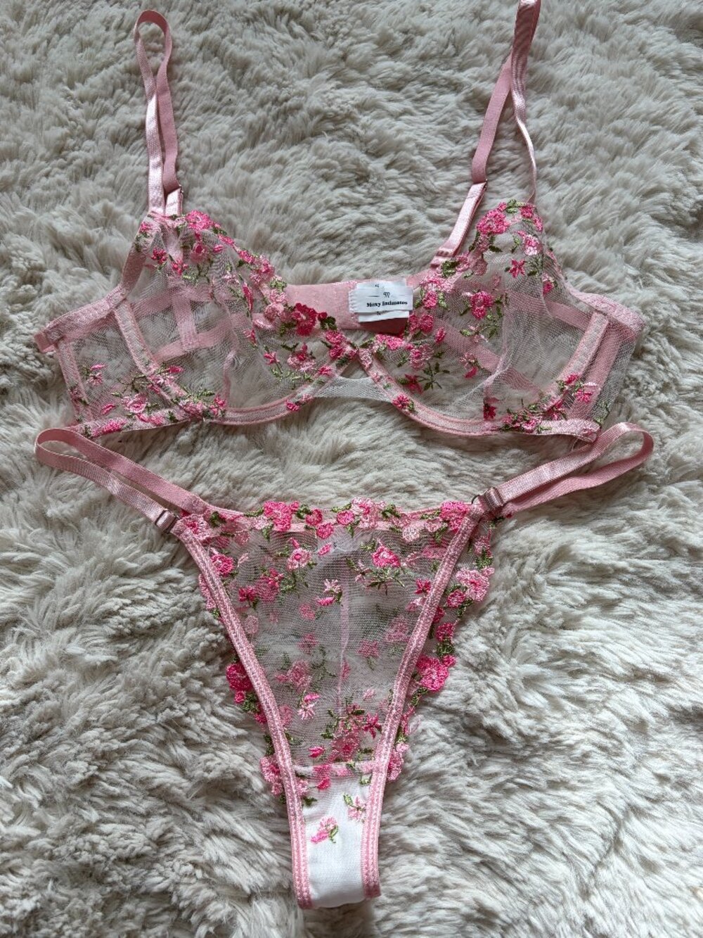 Moxy Intimates Pink Floral Embroidered Lingerie Bra & Thong Set Medium
